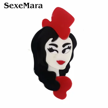 

SexeMara Acrylic Long Black Hair Girl Brooch Pins For Girls Women Resin Elegant Red Hat Princess Brooch Badge Party Wedding Gift