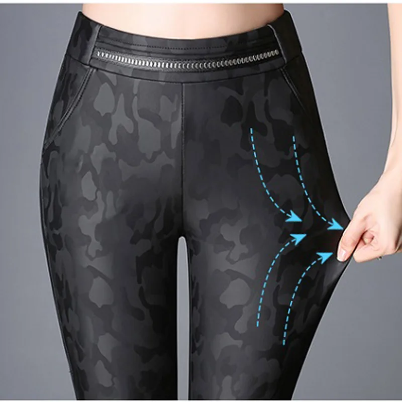 Mujeres N Pantalones Cintura Alta Pu Xinzhe Elástico Cuero Negro Estiramiento Faux Flacos 2018 Camuflaje rYxtIar