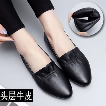 

2019 spring new flat bottom low heel leather women's shoes pointed shallow mouth professional work shoes black wild shoes.