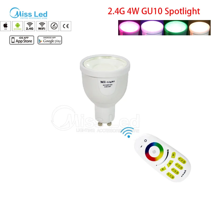 

1X 2.4G RF Remote+ 1 Mi light wifi bulb 4w GU10 led RGBW(RGB+White/Warm white) change color/brightness with led RGB controller