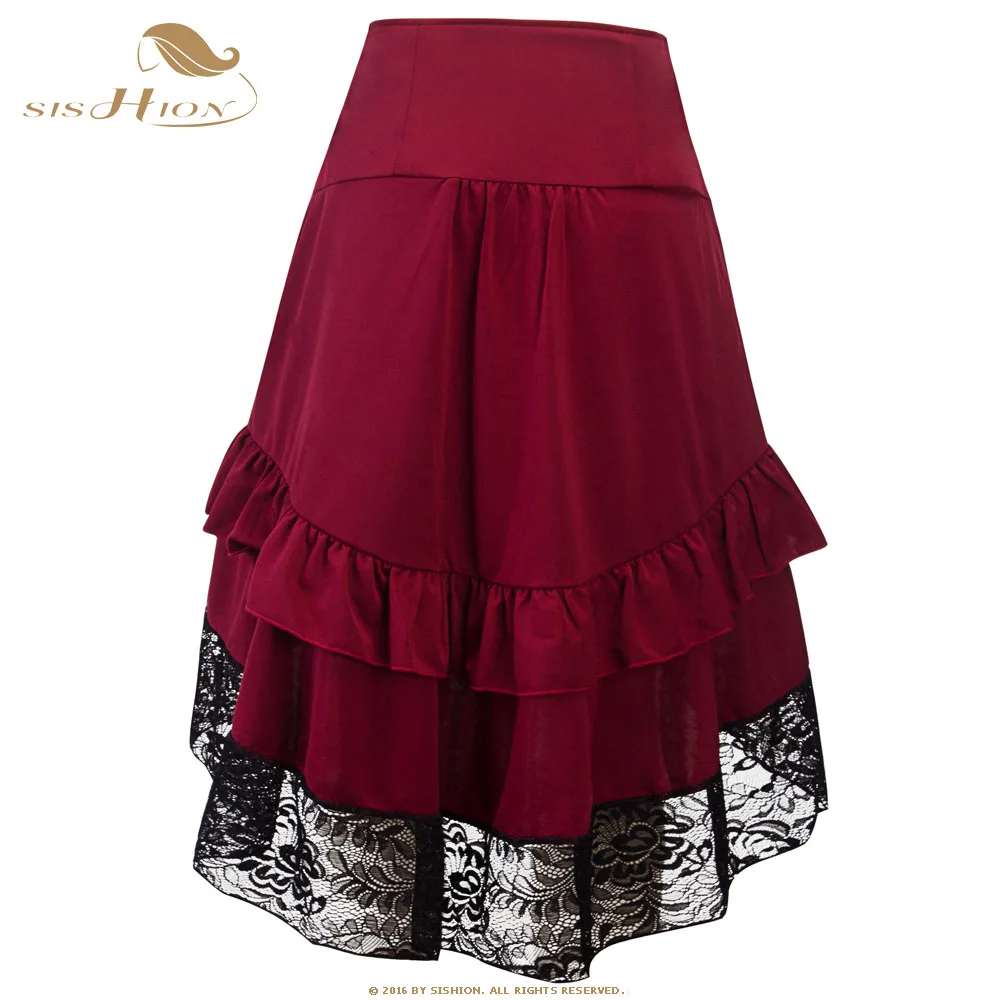 SISHION черная готическая юбка Короткая Передняя кружевная винтажная панк стимпанк Готическая юбка с завышенной талией VD1106 винно-красные синие женские миди юбки