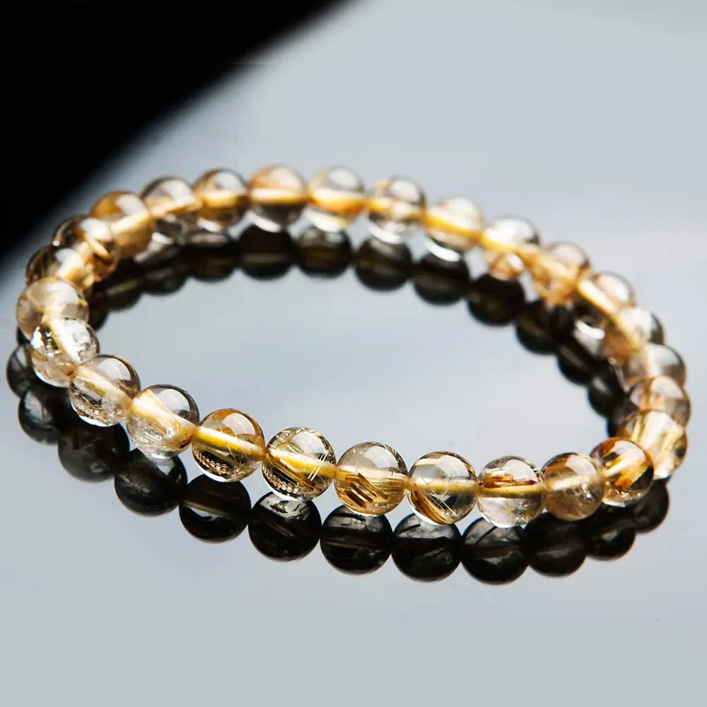 

Genuine Natural Brazil Gold Rutilated Titanium Quartz Crystal Woman Man 7mm Gemstone Round Beads Bracelet Jewelry Bangle AAAA