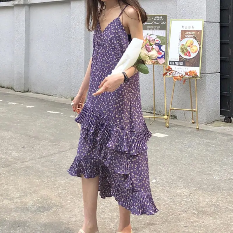 

Women Summer Purple Sling Floral Maxi Sexy Dress 2019 New Clothes Elegant Loose Irregular Stitching Chiffon Vestido Oodji HJ280