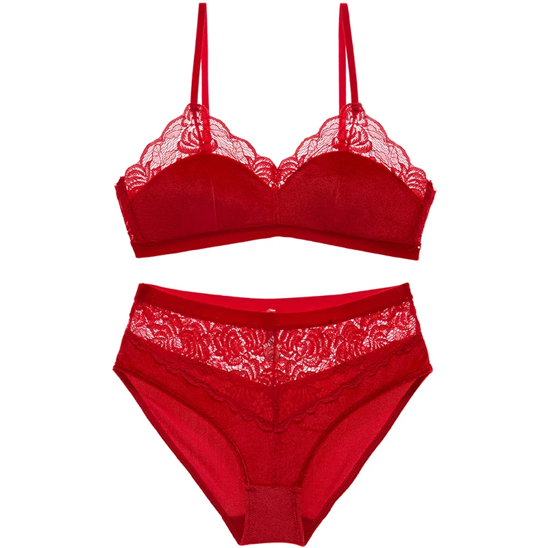 Kopen Shaonvmeiwu Sexy suede bh set dames lingerie met dunne kant trim en een rode randloze beha