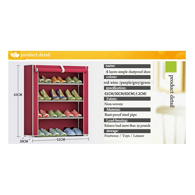 خزانة خذاء 4 طبقة 3-شبكة الفولاذ المقاوم للصدأ الأقمشة كبيرة الحذاء الرف المنظم القابلة للإزالة تخزين الأحذية للأثاث المنزل