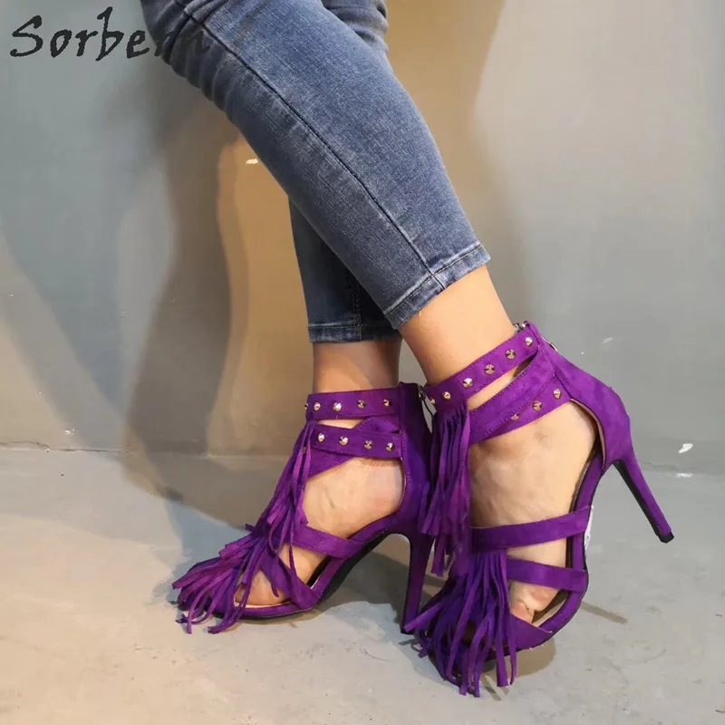 Sorbern фиолетовый каблуки с шипами Трансвестит сандалии для женщин высокий каблук шпильки с украшением в виде кисточки женские туфли