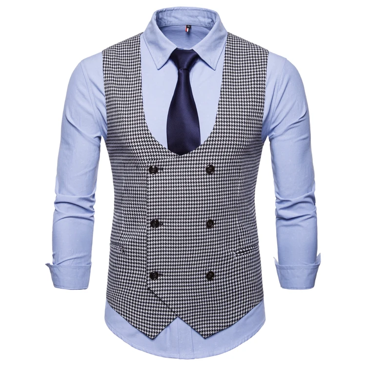 

Mens Casual Business Vest Suit Slim Fit Prom Double-Breasted Plaid Waistcoat Short