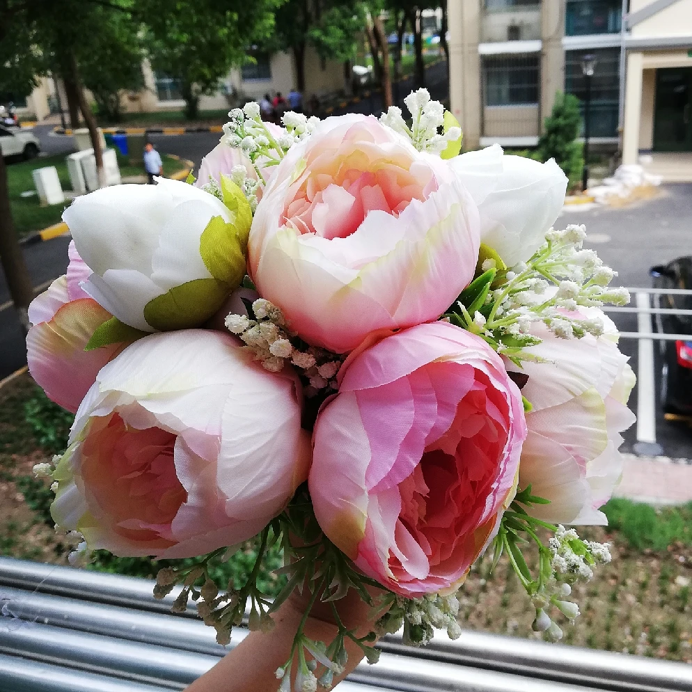 

New Handmade Peony Artificial bride Pink Bouquet hot Pink Peony Holding flowers Bridesmaids Pink Peony Bouquet