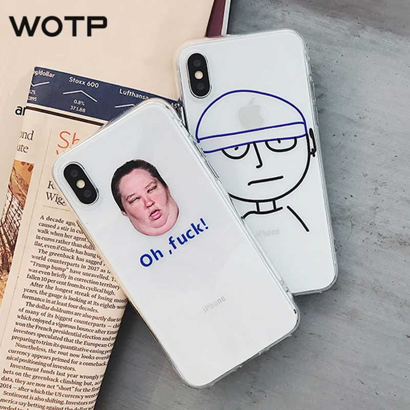 

WOTP Funny Clear Cartoon pattern Phone Cases For iphone 6S 6 7 8 Plus Soft TPU Couples Letter People Back Cover For iphone X