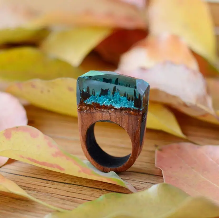 

blue handmade Secret Forest resin Wooden Miniature Worlds ring Snow scene inside ring for women Resin Finger ring