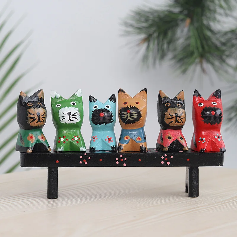 

6 Little Kittens Miniature Figurines Zakka Wooden Animal Ornaments Creative Home Decoration Gifts Handicraft Photographic Props