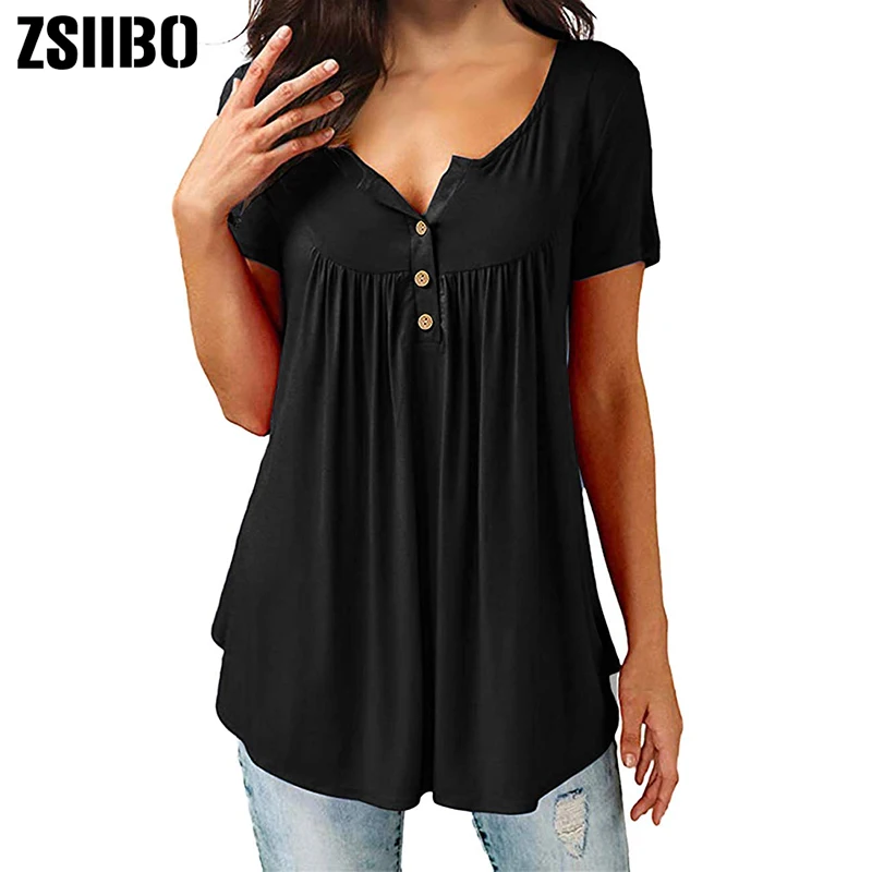 

ZSIIBO New Womens Tops V Neck T-Shirts Swing Ruffle Button up Tunic Casual Flowy Loose Short Sleeve drop shipping NVTX151