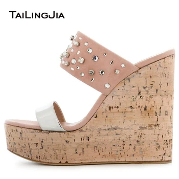 

Open Toe Cork Wedge Slide Sandals for Women Platform Mules with Crystal Sky High Evening Dress Heels Ladies Summer Shoes 2018