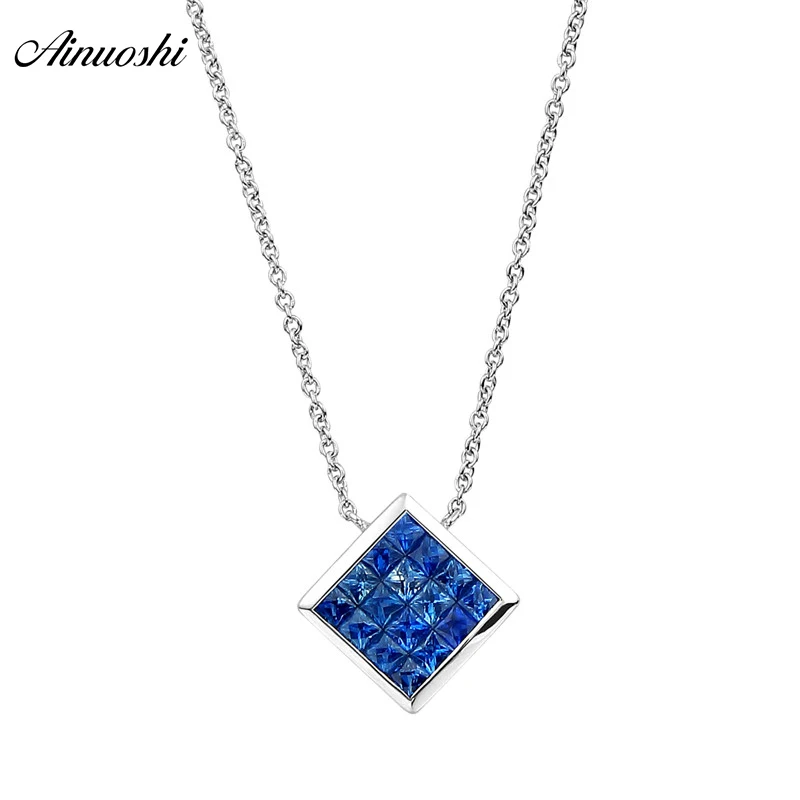 AINUOSHI 18K Solid Gold Necklace Natural Blue Sapphire Pendant 8mm Square Gemstone Customized Gemstone for female