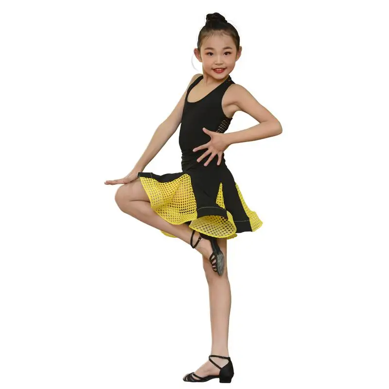 Новые костюмы для латинских танцев, детское платье для латинских танцев для девочек, одежда для соревнований, тренировочная одежда для девочек, юбка для латинских танцев - Цвет: Цвет: желтый