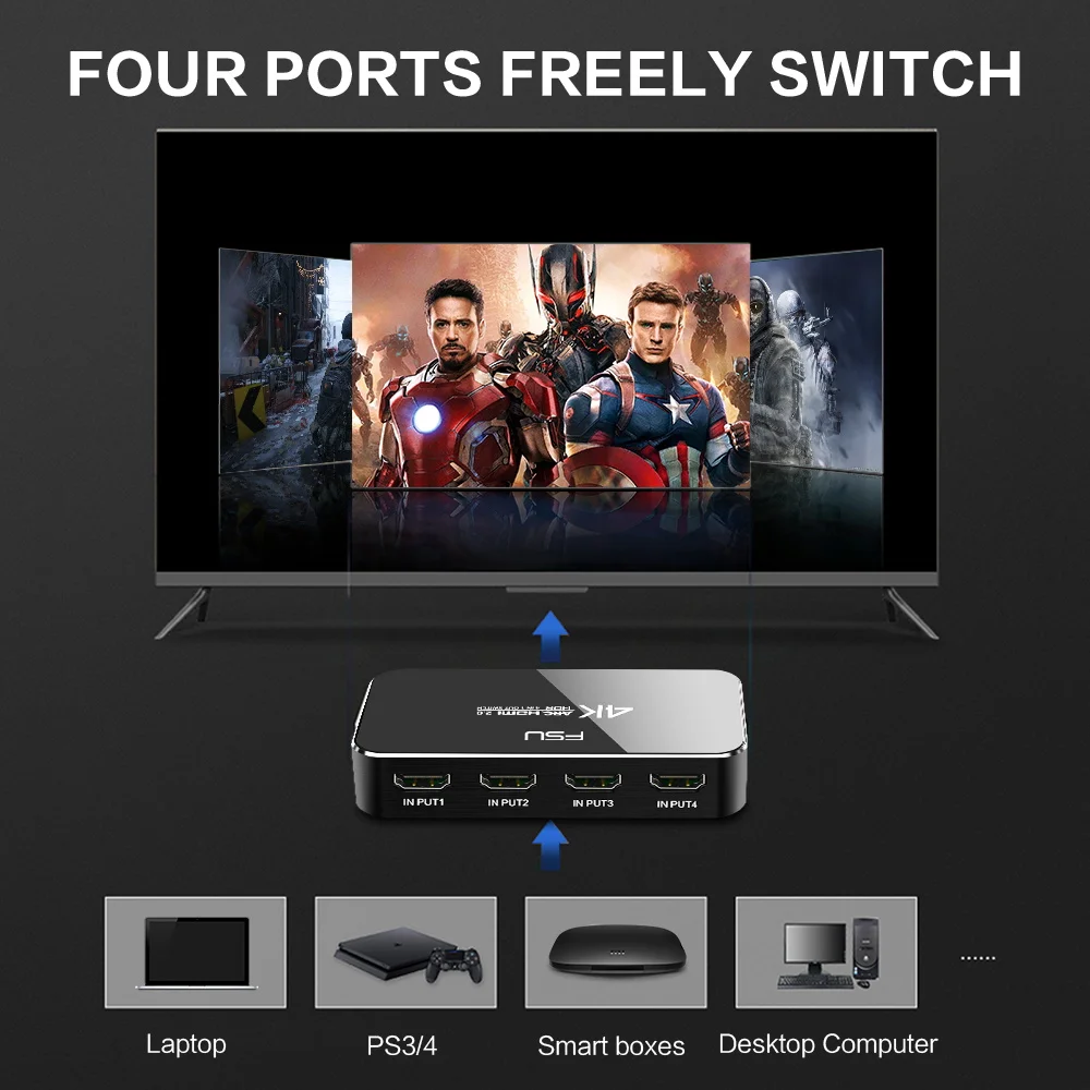 HDMI Switch 2.0 4K 60HZ HDR HDMI Splitter Switch 4 In 1 Out HDMI Switcher Audio Extractor ARC & IR Control For PS3 PS4 HDTV