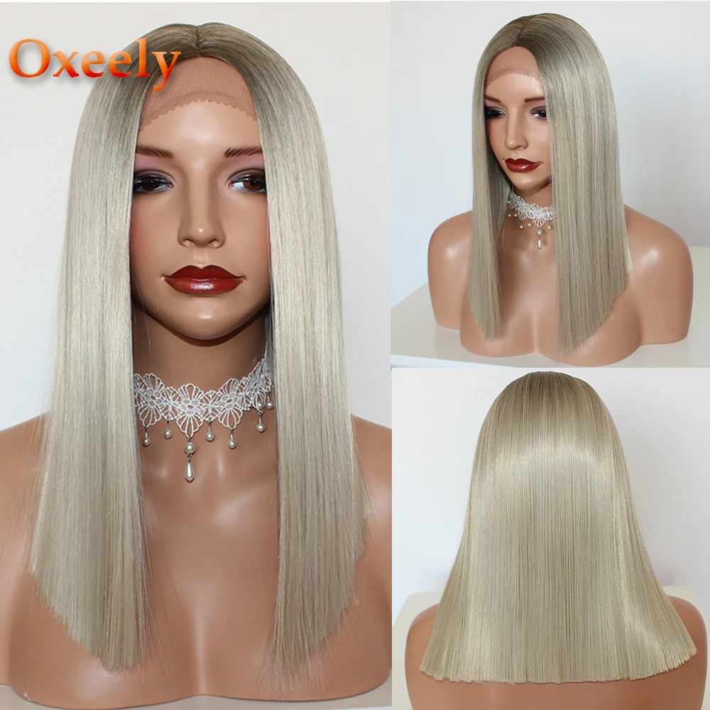 Oxeely Platinum Blonde Cut Bob Hair Synthetic Lace Front Wigs