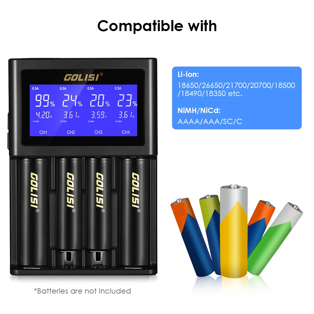 GOLISI S4 2.0A Intelligent LCD 18650 Battery Charger for Li-ion Ni-MH Ni-Cd Ni-md 26650 20700 AA AAA Rechargeable Batteries GOLISI S4 2.0A Intelligent LCD 18650 Battery Charger for Li-ion Ni-MH Ni-Cd Ni-md 26650 20700 AA AAA Rechargeable Batteries