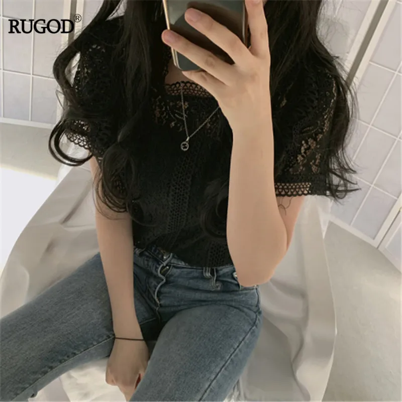 

RUGOD Solid Hollow Out Korean Style Slim Tops 2019 New T-shirt Women Modis Lace Camisetas Verano Mujer Handmade Summer Top