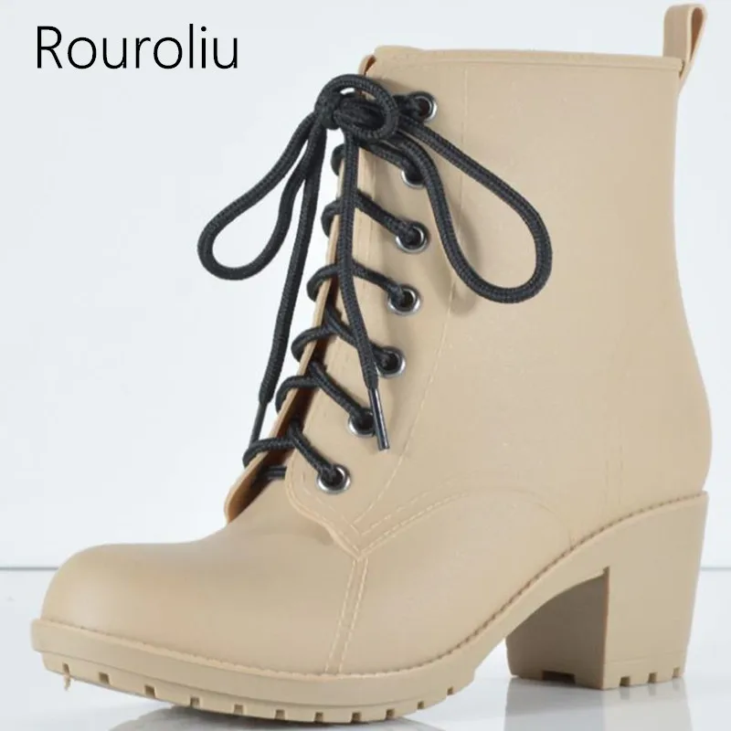 

Rouroliu Women Fashion High Square Heels Rain Boots Lace-up Ankle Rainboots Waterproof Platform Water Shoes Woman TR124