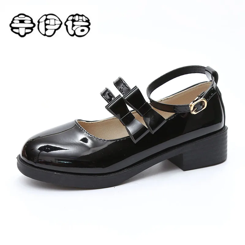 

Sweet Bowtie Women Low Heels Pumps Fashion Low Square Heels Buckle Straps Cosplay Maid Shoes Kawaii Princess Lolita Shoes