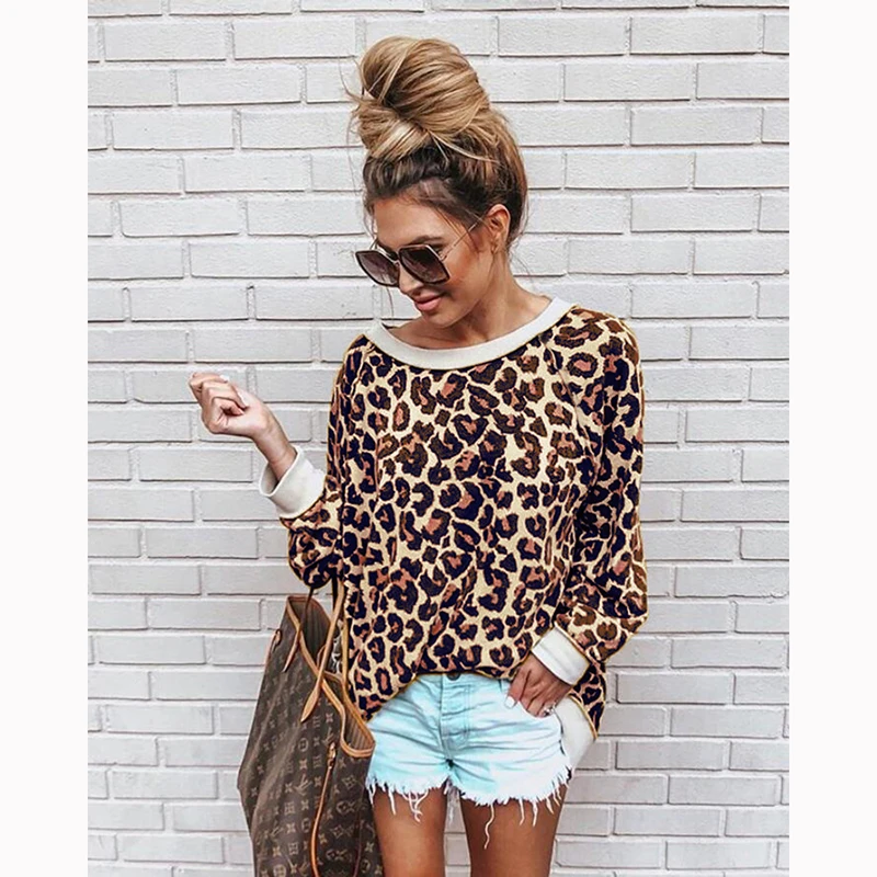 

O Neck Loose Casual Leopard Print Sweater Women Winter Long Sleeve Knitted Jumper Autumn Female Vintage Pullover Tops Wholesale