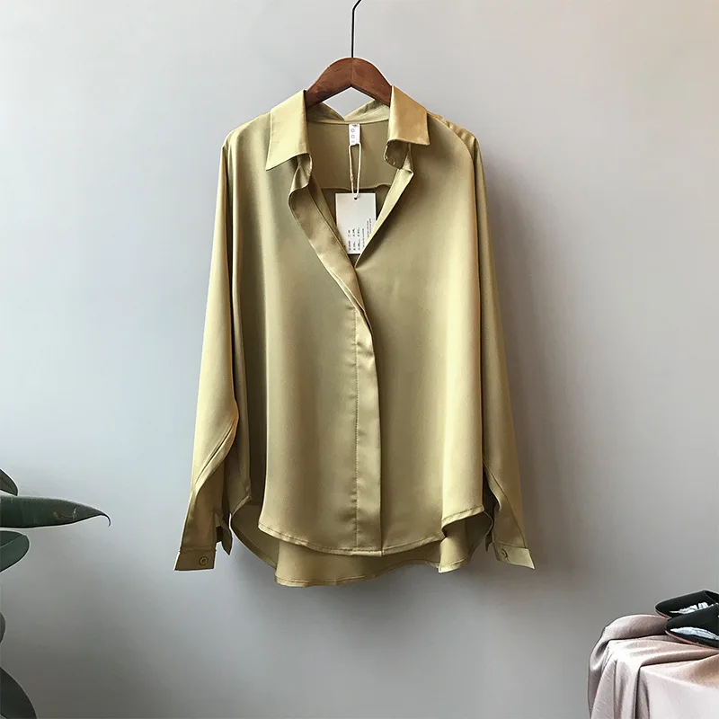 sexy blouses for women Lizkova Satin Blouse Women Korean Long Sleeves V-Neck Soft Shirts 2021 Spring Elegant Imitation Silk Tops cute blouses Blouses & Shirts