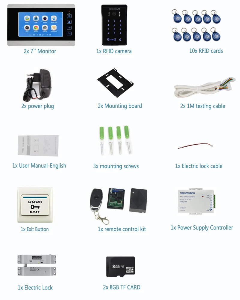 JERUAN 2 Мониторы Водонепроницаемый пароль доступа RFID Камера 7 дюймов видео Звонок домофона голос/Запись видео домофон Системы комплект