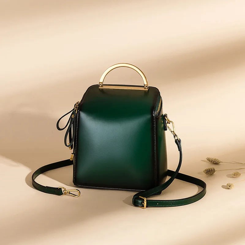 Паста ретро коробка форма женский рюкзак из воловьей кожи масло воск женский рюкзак винтажная ручка сумка через плечо роскошный рюкзак - Цвет: Зеленый