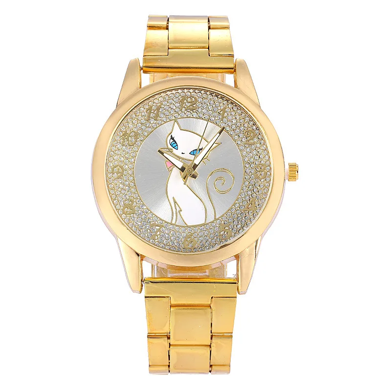 Luxury Ladies Rhinestone Gold Watch Fashion Persian Cat Casual Women