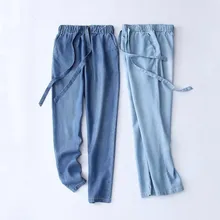 Новинка, джинсовые штаны-шаровары, джинсы-шаровары, женские летние штаны на шнуровке с эластичной талией размера плюс, повседневные свободные штаны