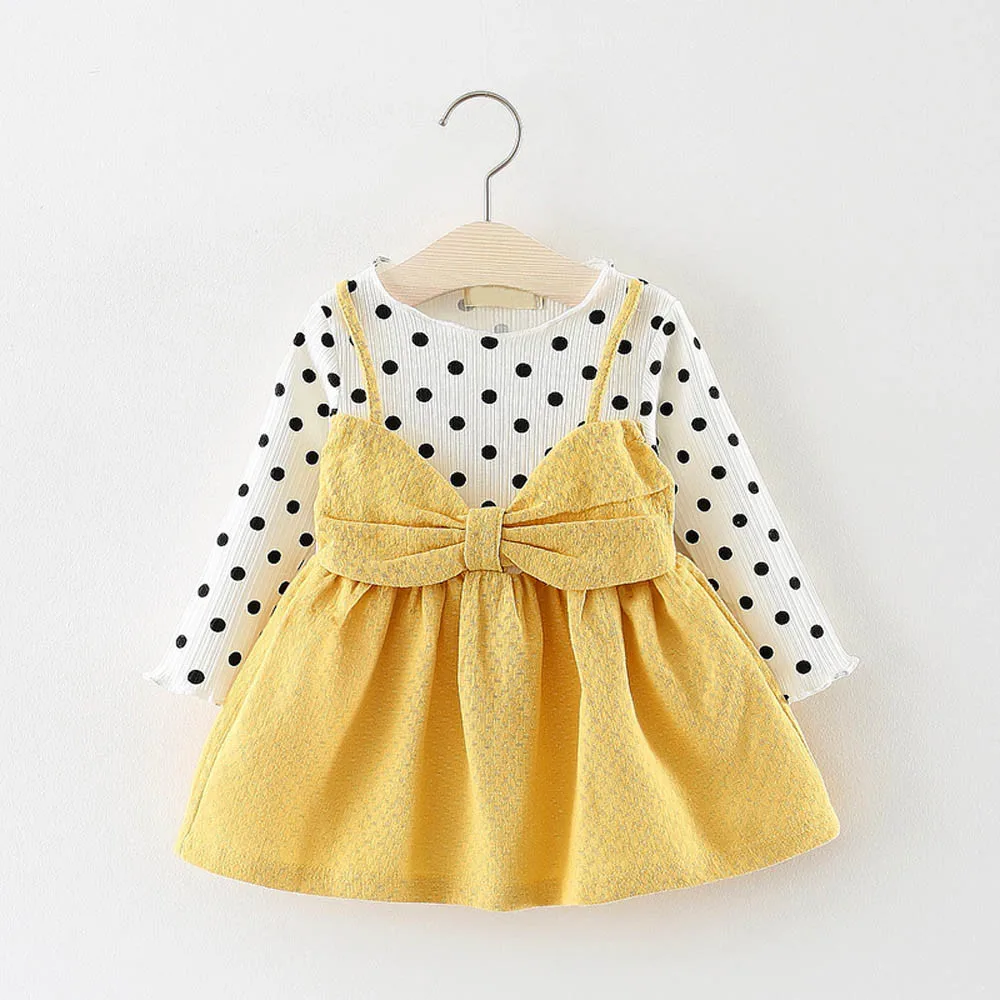 Платье принцессы в горошек с длинными рукавами и бантом для новорожденных и маленьких девочек, одежда, зимнее платье, robe fille - Цвет: yellow