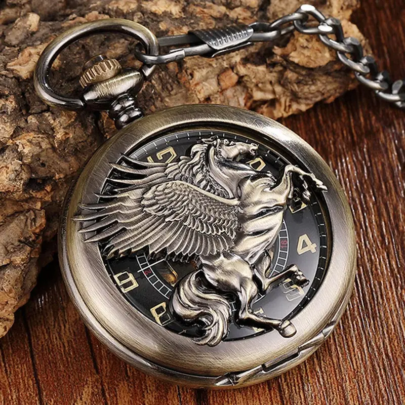 

Antique Bronze Horse Wing Arabic Numerals Vintage Mechanical Pocket Watch Necklace Men Skeleton Fob Hand Watch Chain Steampunk