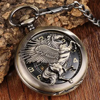 

Antique Bronze Horse Wing Arabic Numerals Vintage Mechanical Pocket Watch Necklace Men Skeleton Fob Hand Watch Chain Steampunk