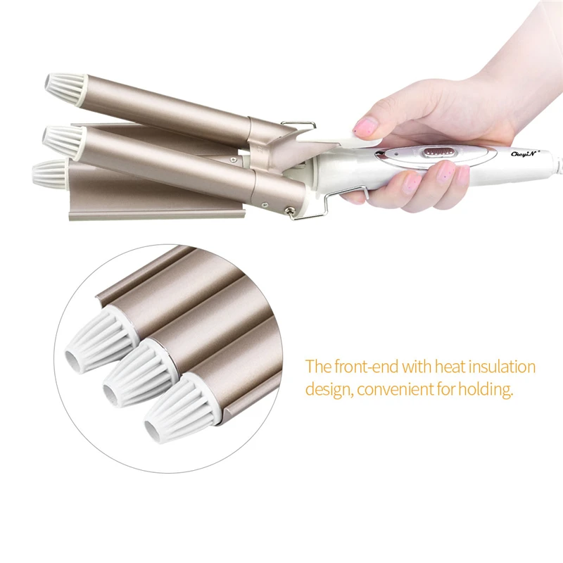 Professional Electric Hair Waver Wave Curler Ceramic Anti-Scald Hair Curling Iron 3 Barrel Clamp Deep Wave Curler 110-240V S47