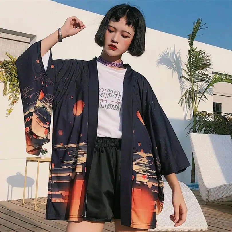 

2019 new kimono cardigan casual half sleeve loose black women japanese kimono women outerwea V1346