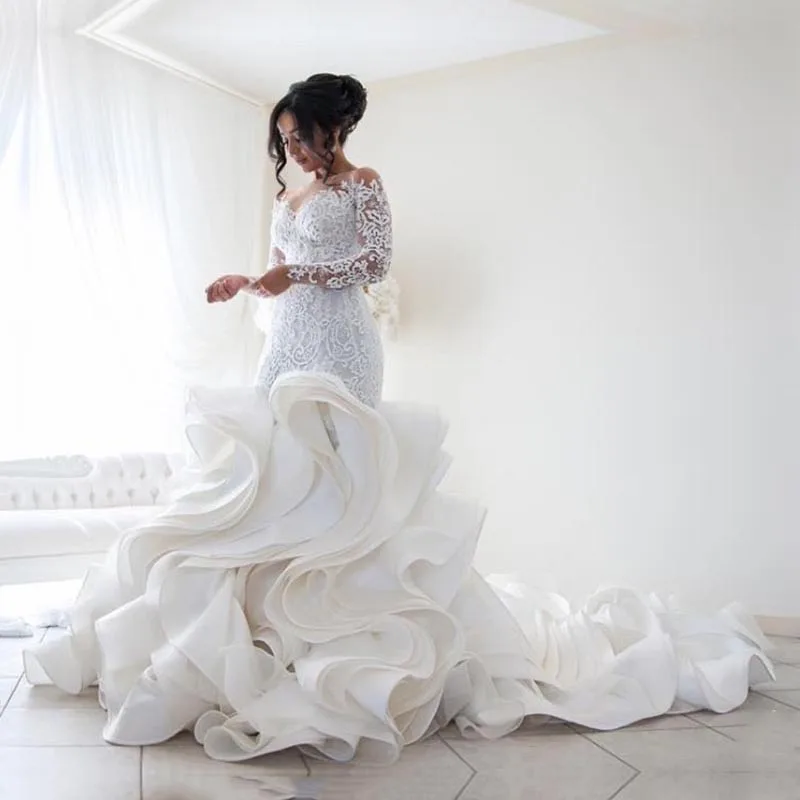 

Vestido De Novia Elegant Mermaid Gown Sweep Train Long Sleeves Lace Wedding Party Dress