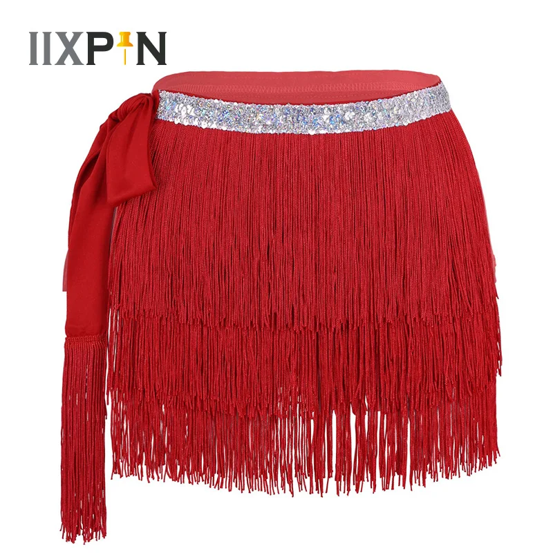 

Women Latin Belly Dance Costume chacha latin skirt Hip Scarf Shiny Sequins Waist Three Rows Fringe Tassels Skirt with Wrap Belt