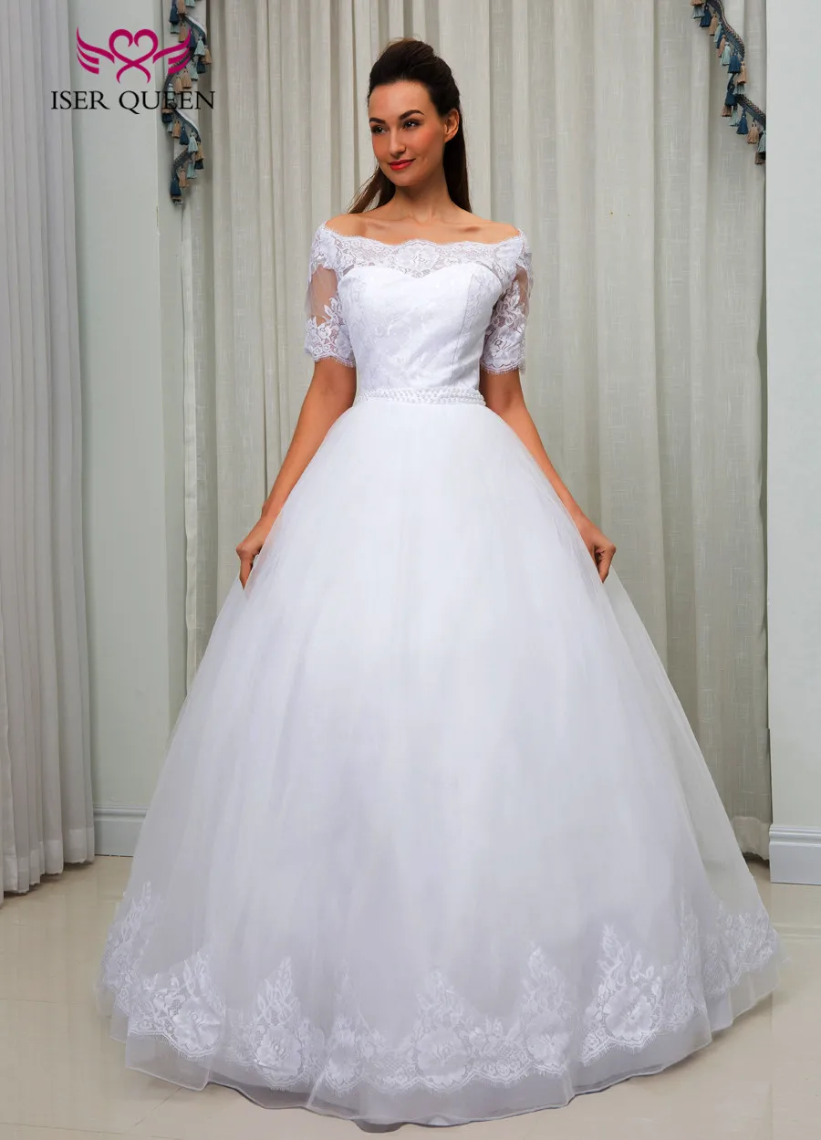 Half Sleeves Off shoulder Vintage Lace Wedding Dress Ball gown Pearls beading Sashes up Back Princess Dresses | Свадьбы и торжества