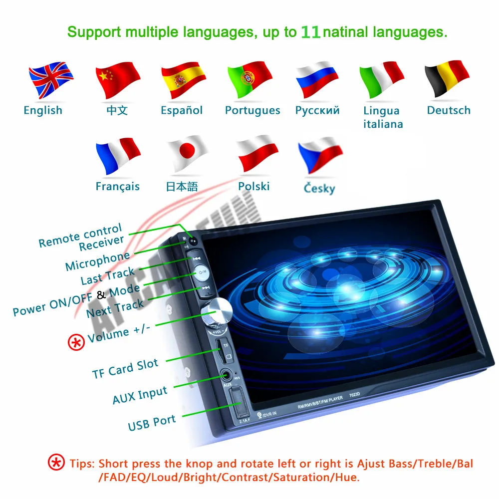7023D 2Din 7inch Bluetooth HD 1024*600 Car MP5 Player with Card Reader Radio Tuner Fast Charge with Camera Car Stereo MP5 Player