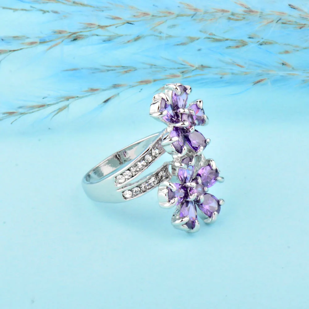 SINLEERY Роскошные ослепительно фиолетовый хрустальный цветок кольца для женщин Свадебные обручальные вечерние ювелирные изделия Jz525 SSC
