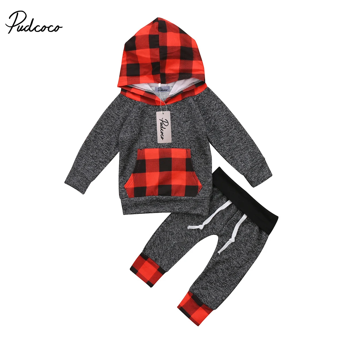 

Xmas Newborn Baby Toddler Boys Girls Winter Clothes Long Sleeve Hooded Red Black Plaid Tops Pants Outfits Set 0-5Y