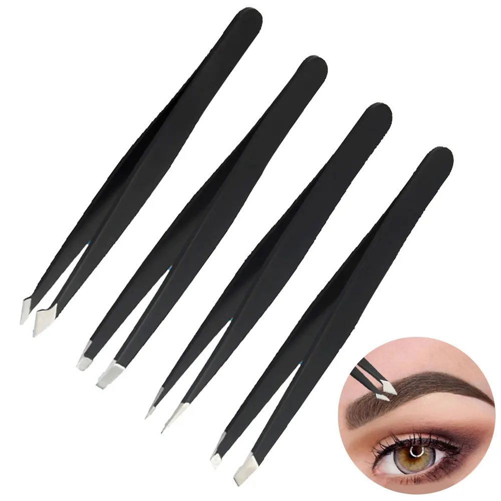 

4 Piece Set Professional Stainless Steel Eyebrow Pliers Slant Tip Hair Removal Rust-free Tweezer Polished With Case Cosmetic