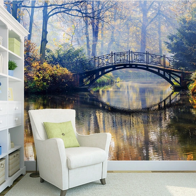 Custom natural scenery Wallcoverings,Forests and bridges,3D photo mural