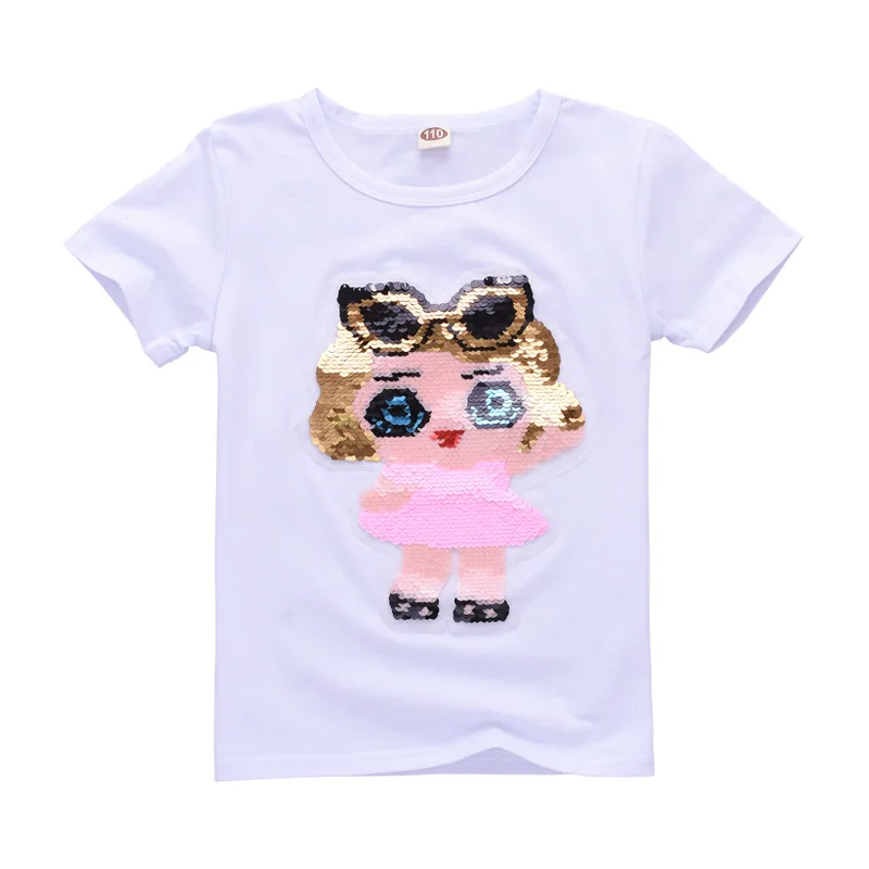 

2019 Girls Summer Fashion Color T-Shirt Children New Flip Sequins Short Sleeve Tops Baby Girl Cotton Cartoon Tees 4-11 Years Old