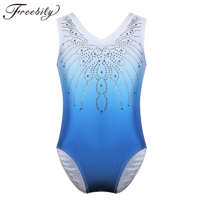 

Kids Girls Sleeveless Shiny Rhinestone Ballet Dance Gymnastics Leotard One-Piece Swimsuit V Shaped Neck Kids Dance Wear
