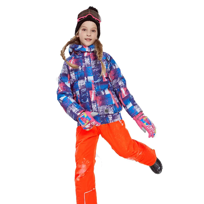 Зимний детский лыжный комплект, детский лыжный костюм для девочек водонепроницаемая куртка с капюшоном для сноуборда зимние штаны Terno Esqui теплый ветрозащитный - Цвет: Orange