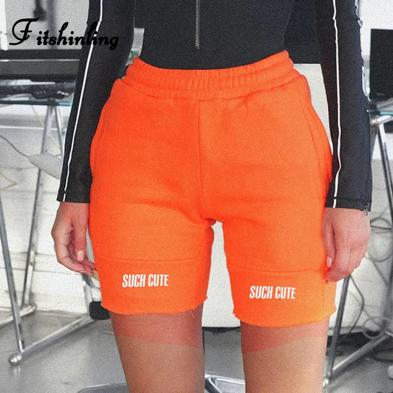 

Fitshinling Letter Print Biker Shorts Women Autumn 2019 Athleisure Harajuku High Waist Short Feminino Slim Orange Bottoms Wear