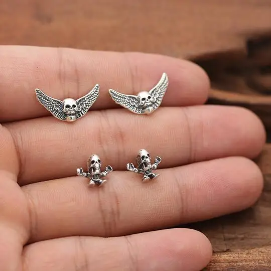 

100% 925 Silver Skull Earrings Vintage Sterling Silver Skeleton Stud Earrings Real Pure Silver Man Earrings Punk Man Jewelry