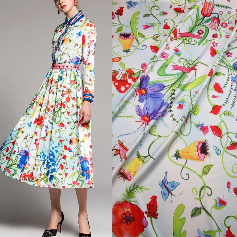 Italy style colorful small flowers printed silk satin fabric tissus